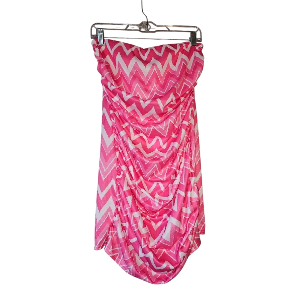 Miscreants Cupid Strapless Ruched Pink And White Zig Zag Mini Dress NWOT